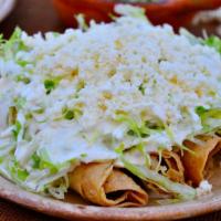 Flautas (4) · 4 corn or flour tortillas filled with your choice chicken or steak, deep-fried then topped w...