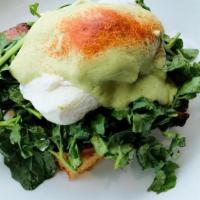 Avodaise Eggs Benedict Blt · Watercress, Tomato, Maple Harissa Bacon, Poached Eggs, Avocado Sauce, Brioche Bun