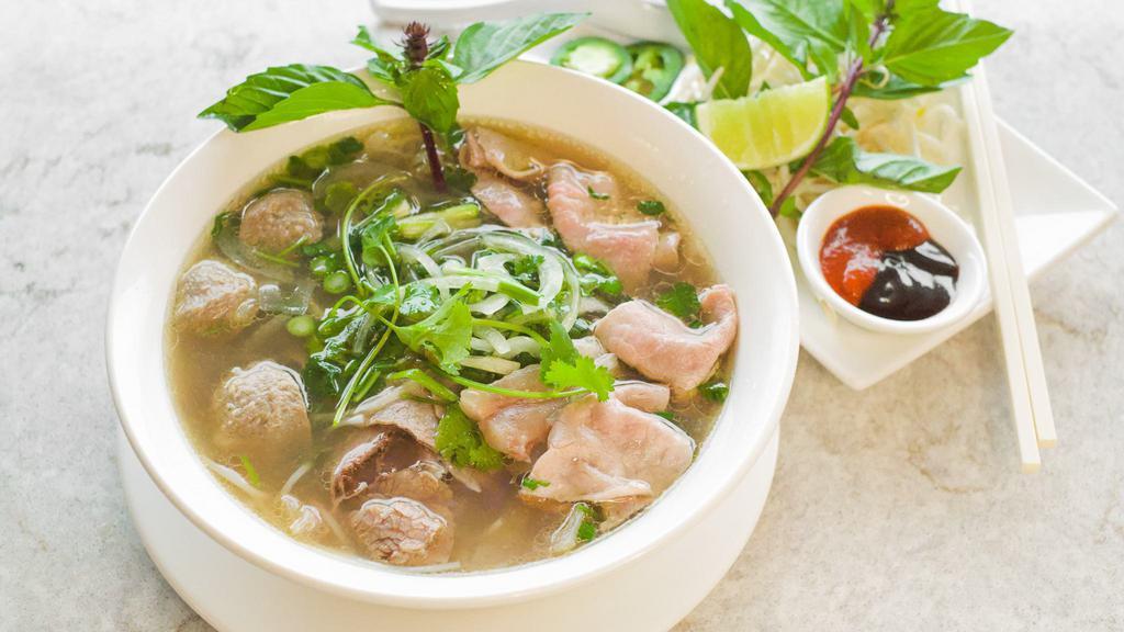 Phở Đặc Biệt (Special) · A must-have for the pho lover. All cuts of beef including eye-round steak, brisket, meatballs, tendon, and tripe (Tai, gau, bo vien, gan, and sach).