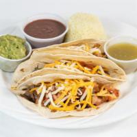 3 Tacos Al Carbón · 3 Tacos. Chicken or steak. Corn or flour tortilla, rice, beans and guacamole