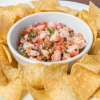 Ceviche De Camarón / Shrimp Ceviche · Simmered shrimp with diced tomatoes, onions, cilantro, and a hint of salt, marinated in fres...