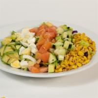 Cobb Salad · Romaine lettuce, tomato, cucumber, corn, egg, avocado.  /  Lechuga romana, tomate, pepino, m...