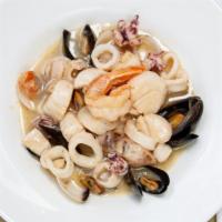 Cacciuco “Livornese” · combination, shrimp, squid, mussels, fish, clams, scallops with garlic broth