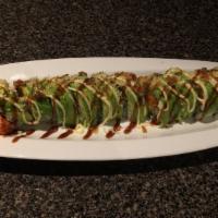Green Dragon Crunchy Roll · Vegetable roll topped with avocado, shallot and crunchy tempura flake, served with special s...