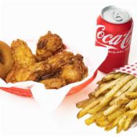 Wings Combo · Six chicken wings, a honey-dipped donuts, fries, & a drink.