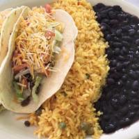 Taco Platter · Two tacos any meet soft or hard tacos rice and black bean.