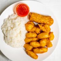 Sweet And Sour Chicken Combination Platter · Served with pork fried rice and egg roll.