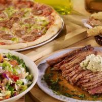 Stimulus Package · Your choice of Whole Chicken or 1/2 Tri Tip, 12” Two-topping Pizza or Sharable Pasta, Sharea...
