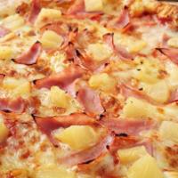  Hawaiian Pizza · Tomato sauce, mozzarella cheese, pineapple, and turkey ham.