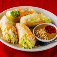 Fresh Rolls (2) · Roll of shrimp, cilantro, cucumber, carrot, lettuce, rice noodles, served with peanut sauce....