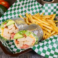 Soy Chicken Wrap · Soy chicken, lettuce, spinach, tomatoes, avocado, vegan cheese, and veganaise. Served with f...