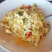 Rattlesnake Pasta · Fresh rotisserie chicken with garlic, tri-bell peppers, mushrooms and lime juice. Tossed wit...