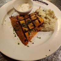 Short Smoked Salmon · Marinated, quickly smoked and finish on the grill , topped with mustard sauce and served wit...