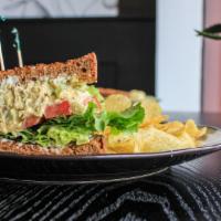Chickpea Sandwich · Toasted wheat bread, chickpea salad, lettuce and tomato, and vegan mayo.