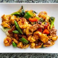 Thai Basil Triple · Spicy. Chicken, shrimp and beef.