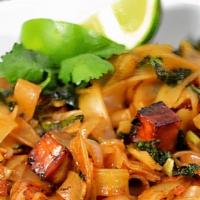 Drunken Noodles · Hot and spicy. Stir-fried flat rice noodle with shrimp, chicken, beef, tomato, broccoli, bas...