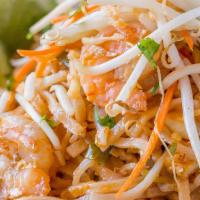 Pad Thai · Spicy. Stir-fried rice noodle with shrimp, chicken, onion, bell pepper, bean sprout and grou...