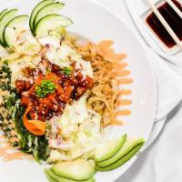 Spicy Salmon Rice Bowl · Spicy Salmon with rice, lettuce, cucumber, avocado, crispy onion, daikon sprinkled with masa...
