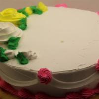 Round Pineapple Cake · Yellow Cake w/Pineapple Filling and Whipped Cream Icing.