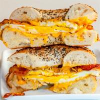 Bacon, Egg, & Cheese Bagelry · Toasted Bagel, crispy bacon, two fried eggs, American Cheese