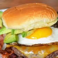 Brunch Burger · 8 Ounce ground beef, bacon, fried egg, American cheese, lettuce, tomato.