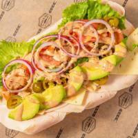 Spicy Turkey Avocado Jack · Turkey breast, Pepper Jack cheese, green leaf lettuce, tomatoes, onions, jalapeños, avocado,...