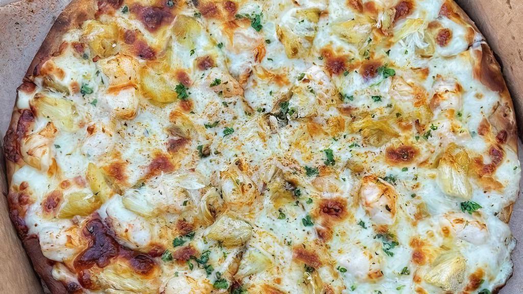 Seafood Pizza · 10 inch fresh dough, Queen sauce, shrimp, lump crab, mozzarella, old bay