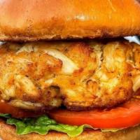 Jumbo Lump Crab Cake Sandwich · 8 oz jumbo Maryland crab cake on a toasted brioche roll with lettuce, tomato and cocktail sa...