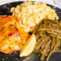 Crab Stuffed Salmon · Fresh filet, lump crab imperial, sweet & spicy sauce. Served your choice of 2 sides.