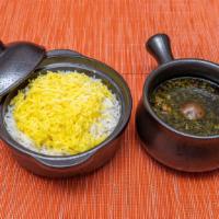 Ghormeh Sabzi · Served with saffron basmati rice. Stew of lamb chunks with parsley, cilantro, chives, fenugr...