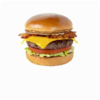 #3 Bacon Cheesy · angus beef patty, 21 sauce, applewood smoked bacon, choice of cheese, onions, lettuce, Roma ...