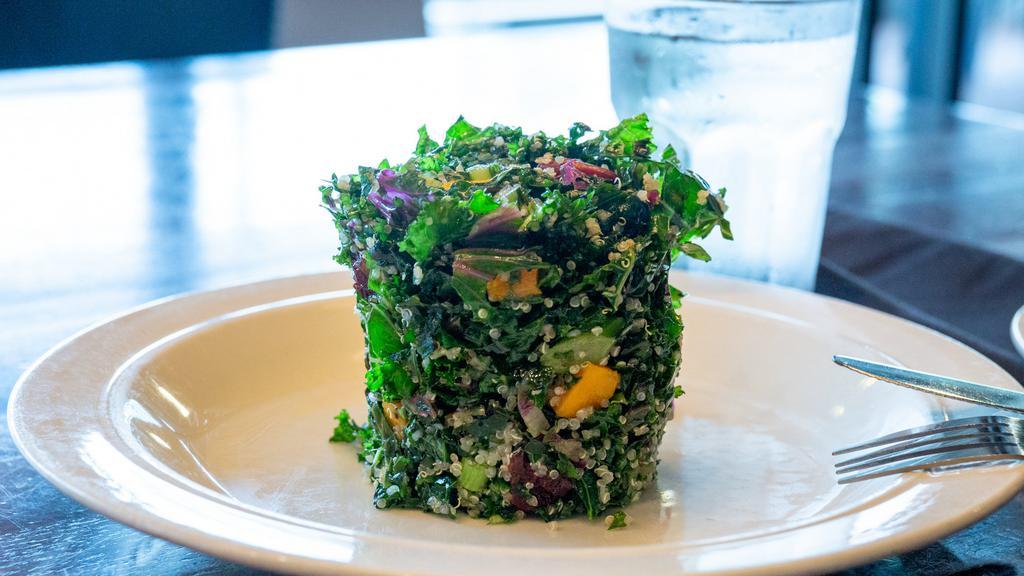Kale & Quinoa Salad · Fresh kale, South American quinoa, apple cider vinaigrette, oven roasted butternut squash, roasted shallots, Michigan dried cherries and blackened spiced almonds.
