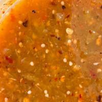 Salsa Molcajete ( 12 Oz) · Tomatillo base salsa with Chile de árbol. High medium heat level.