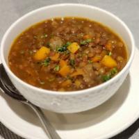 Lentil Soup · Vegan, gluten-free. Brown lentils, slowly cooked with fresh vegetables dashed with red wine ...