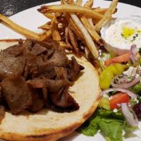 Yero Plate · Rotisserie beef and lamb slices served with pita, tzatziki, hand cut fries and Greek salad.