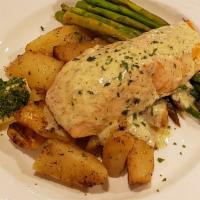Salmon · Dairy-free. Gluten-free.  Fresh Atlantic salmon broiled with extra virgin Greek olive oil, l...