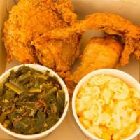 Chicken Dinner · 3 pieces of fried chicken (wing, thigh, and leg) with 2 sides and corn bread