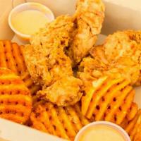 Tenders And Fries · crispy tenders, and waffle fries served with comeback sauce