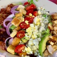 New Item! Cobb Salad · Mixed greens, grape tomatoes, hard boiled egg, crispy bacon, bleu cheese crumbles, avocado, ...