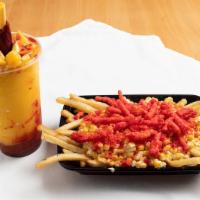 Hot Cheeto Corn Fries Box · Hot cheeto corn fries with a choice of a smoothie or tea.