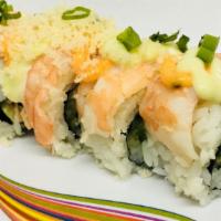 Scorpion Roll (4) · Shrimp, avocado, cucumber, wasabi mayo and spicy mayo.