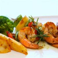 Shrimp Kebab / Karides Kebab · Marinated shrimp grilled to perfection w/ red onion, red and green pepper. Gluten free.