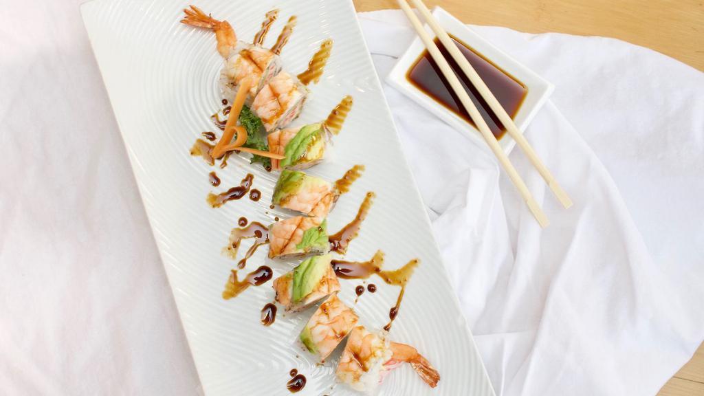 Double Shrimp Roll · IN- Shrimp tempura, crab, and cucumber
TOP- Shrimp and Avocado