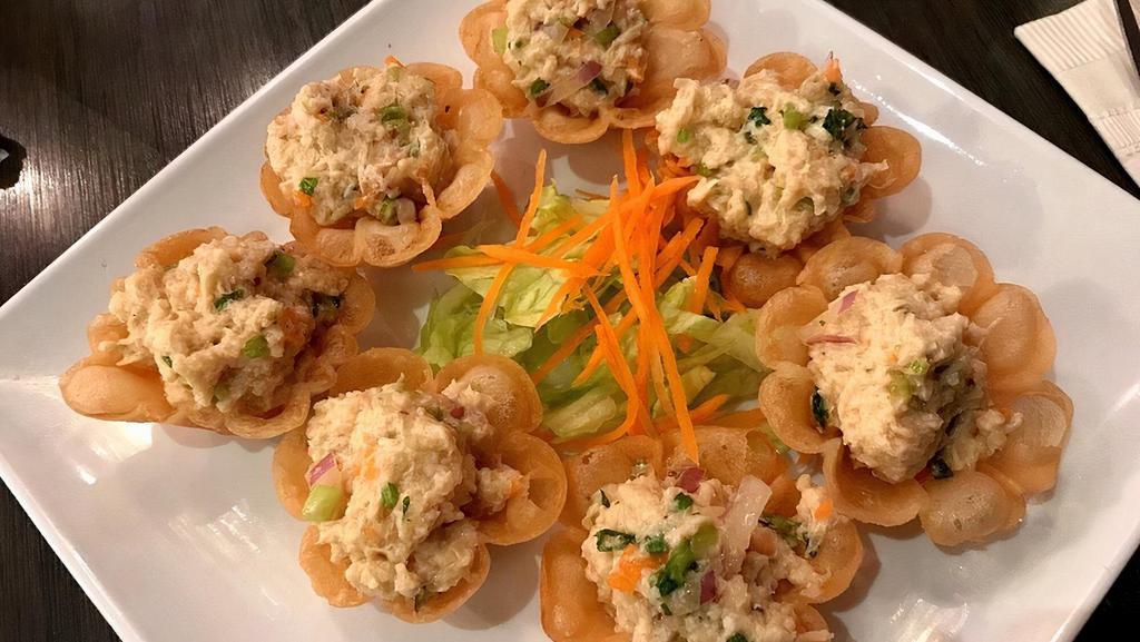 Tuna Flower Cups · Vegan, spicy, gluten free, chef special. Tangy tuna salad in crispy petite flower cups. A must try!