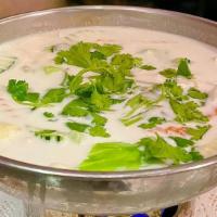 Tom Kah · Vegan, gluten free. Thai coconut milk soup with mixed vegetables, mushrooms and tofu.