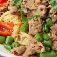 Ka Pow · Vegan, spicy, chef special. Minced soy chicken or crispy soy duck sautéed with green beans, ...