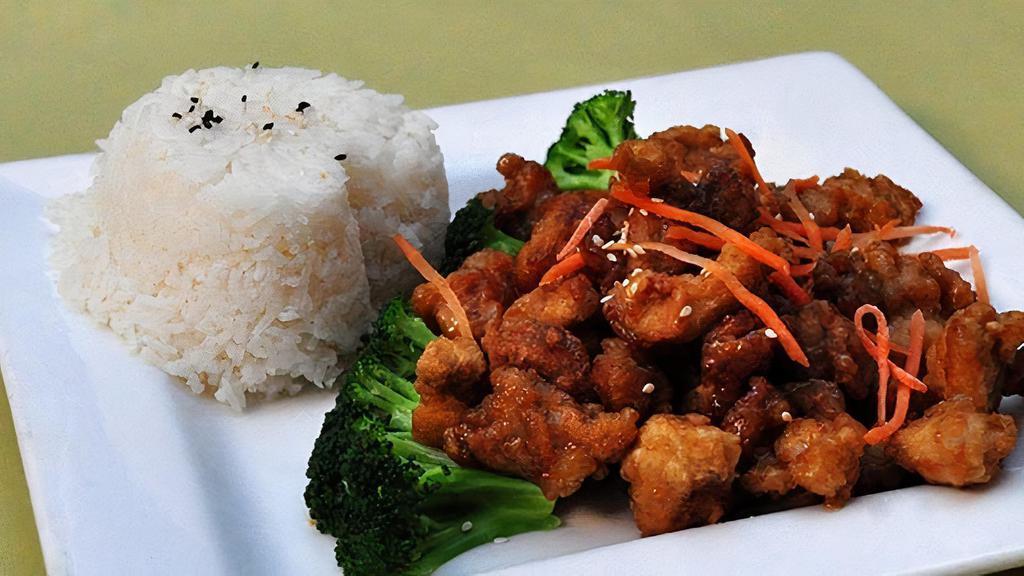 Tangerine · Vegan, gluten free, chef special. Our sweet and tangy tangerine sauce with your choice of crispy tofu (gluten free), crispy chicken (gluten free), crispy duck, or crispy mixed veggies (broccoli, carrot, green beans) (gluten free). Served with steamed broccoli.