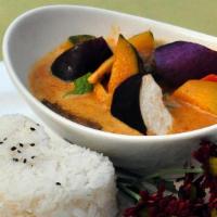 Pumpkin Curry · Vegan, spicy, gluten free. Pumpkin, eggplant, bell peppers, bamboo shoots and fresh basil in...