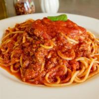 Spaghetti · With tomato sauce, alfredo sauce, meat sauce, or meatballs.