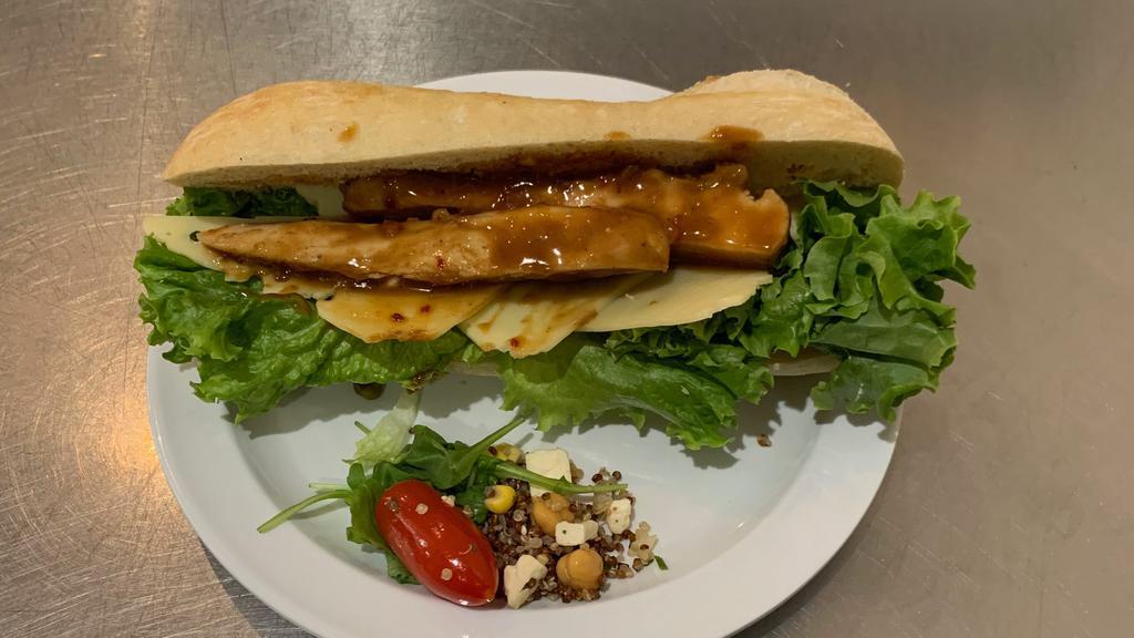 Spicy Thai Chicken Breast · Panino with organic baked chicken tossed with spicy thai sauce lettuce and swiss cheese. ^^^Bread may differ due to shortages ^^^